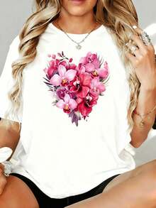 Camiseta Holgada para Mujer con Estampado de Corazones Florales, Diseño de Orquídeas Blancas, Talla Grande, 180g, para Verano, Casual, Hogar, Aire Libre, Regalo para Fiesta de San Valentín - Blanco - Ver 7