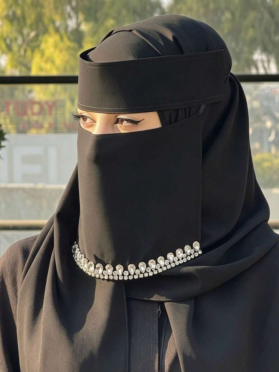 1件女士水钻纯色尼卡布，轻盈透气系带头巾面纱