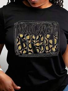 Camiseta de Mujer con Diseño de Estampado de Leopardo Dorado para Año Nuevo, Casual, Cuello Redondo, Manga Corta, Perfecta como Regalo de Cumpleaños, Adecuada para Usar en Todas las Temporad - Negro - Ver 1