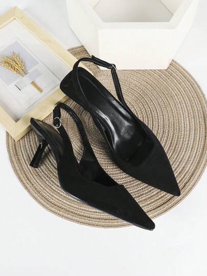 Women's Black High Heel Pumps, Pointed Toe Slip-On Party Wedding Dress Shoes, 7cm Stiletto Heels With Ankle Strap
