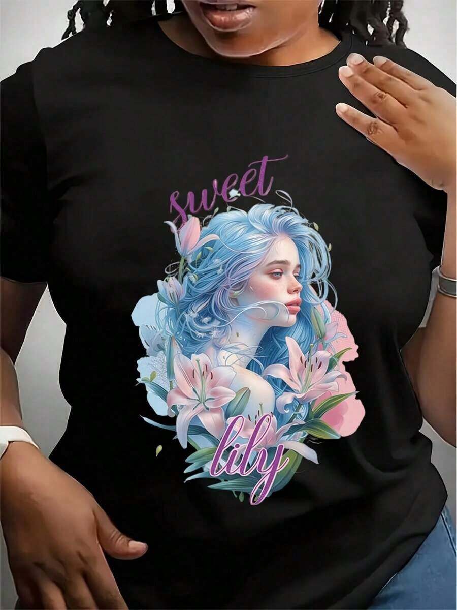 Camiseta de Lirio Dulce, Regalo para Amantes de las Flores, Camiseta con Gráfico de Lirio Rosa, Regalo para Mujeres, Ilustración Romántica, Regalo para Amantes del Rosa, Amante de la Primavera - Negro - Ver 1