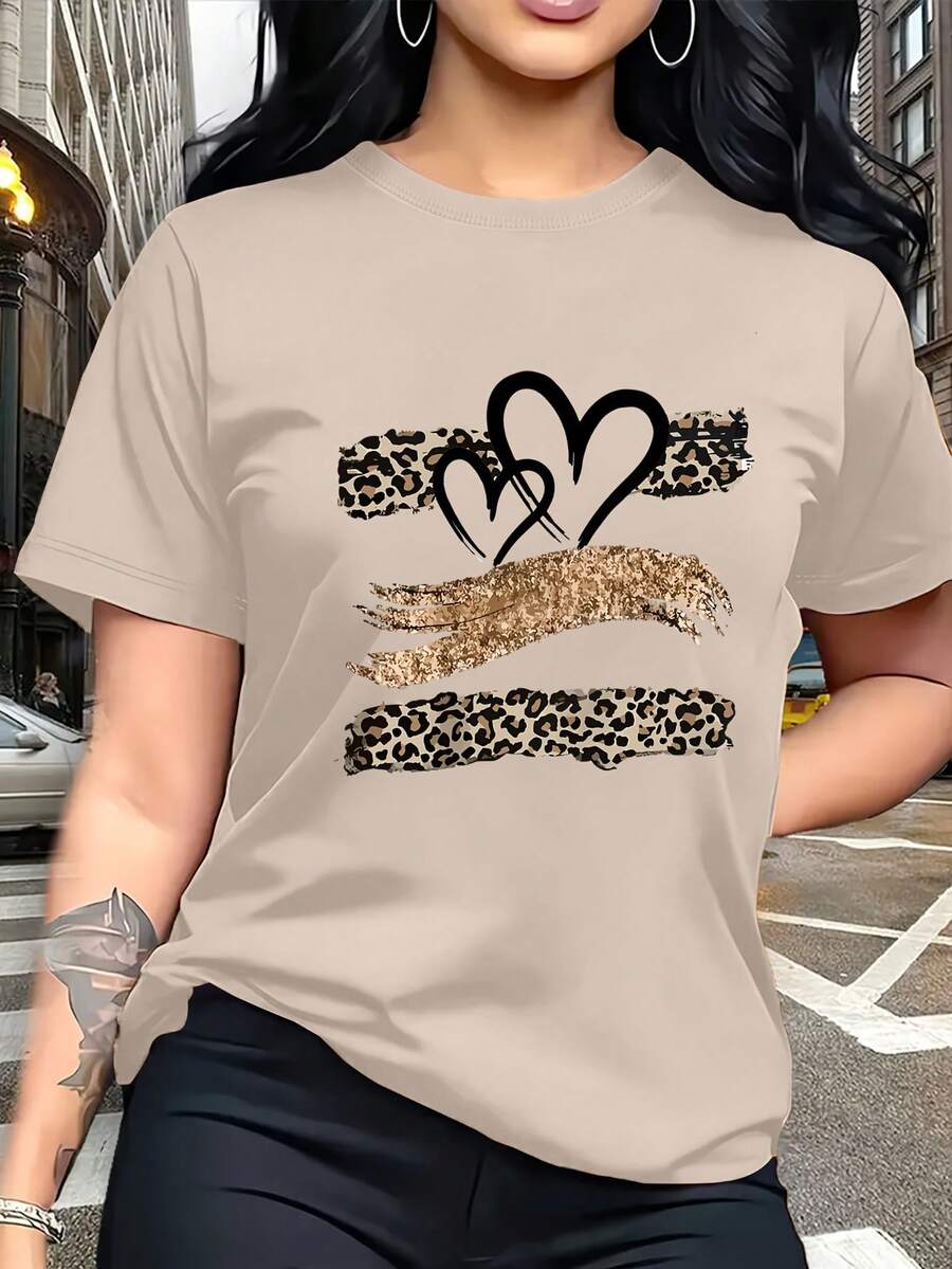 Glitter Heart Print T-Shirt With Leopard Print Design, And Breathable, Suitable For Family Trips, School Activities, Casual Sports, Daily Commutes, Matching Sister Outfits, Versatile T-Shirt. 9XO7 - 杏色 - 查看 1