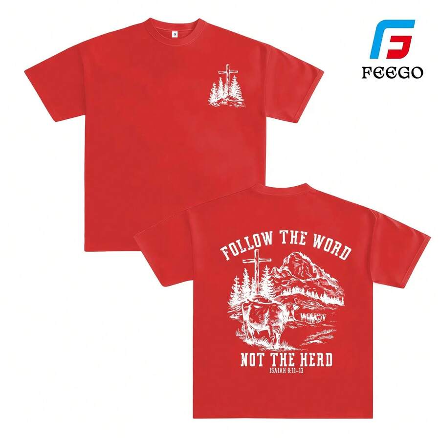 FEEGO Faith 2026 T-Shirt "Follow The Word, Not The Flock" - With Cross, Cow And Mountain Graphic For Church Or Outdoor Use, Evangelical Christian Message, Unisex Clothing For Men And Women. - 紅色 - 查看 1