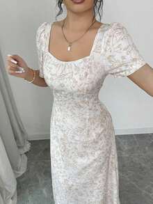 YHHSHEIN Raffinéa Nuevo vestido elegante con estampado y cuello cuadradoYHH - Caqui - Ver 4