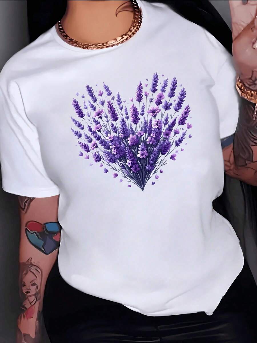 Ramo de lavandas violetas formando un corazón simboliza calma serenidad amor y energía natural ideal para transmitir armonía y delicadeza camiseta de mujer casual moderna cómoda y suave - Blanco - Ver 1