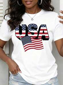 Women's Casual Short Sleeve T-Shirt, White, With American Flag And Stars Print, Patriotic Clothing For Independence Day Celebration, Women's T-Shirts - 白色 - 查看 6