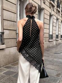 Blusa de mujer con cuello halter de estilo francés, con parches de encaje y lunares transparentes - Negro - Ver 2