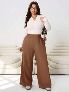 2026 Primavera/Verano Nuevos pantalones casuales para uso diario, fiestas, ir al trabajo, volver al colegio, citas, en casa, fiestas de cumpleaños, para múltiples ocasiones, con cintura elástica holgada, pernera ancha, color beige, talla grande - Óxido marrón - Ver 5