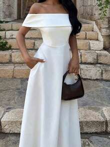 Vestido de mujer de unicolor con hombros descubiertos, nuevo vestido largo elegante y ajustado sin espalda para fiestas, uso diario y citas - Blanco 2 - Ver 3
