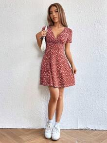 Vestido De Manga Corta Para Mujer Con Estampado Floral - Rojo 2 - Ver 6