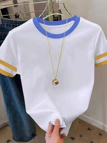 Camiseta de mujer de manga corta con cuello redondo y bloque de color, casual de verano - Blanco 9 - Ver 6