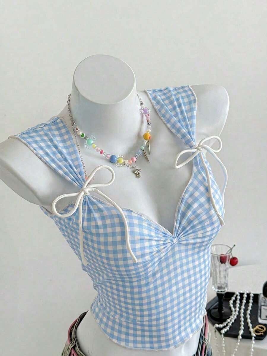 Top a cuadros sin mangas para mujeres con escote de corazón y nudo delantero - Azul - Ver 1