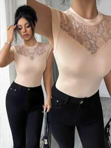 de mujer con cuello redondo, elegante, con parches de encaje, adecuada para uso diario, otoño/invierno y primavera/verano - Albaricoque - Ver 4