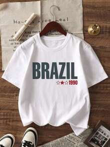 Camiseta de manga corta ajustada para mujer con estampado de la palabra BRAZIL, top casual con temática deportiva para aficionados al fútbol, estilo retro americano de ropa urbana, ceñida al cuerpo, cómoda y transpirable, camiseta para mujer, perfecta para atuendos de día de partido/ropa casual deportiva/uso diario en el campus/reuniones de chicas/atuendos de verano. 4NOX - Blanco - Ver 6
