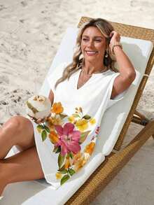 Vestido casual de mujer con estampado floral, cuello en V y manga corta para vacaciones - Multicolor 4 - Ver 6
