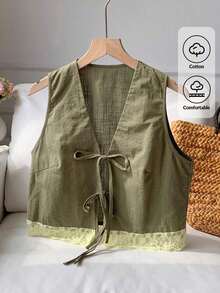 2026 Nuevo Top sin mangas con cuello en V, lazo delantero y bordado floral para mujer, ideal para vacaciones en la playa, uso casual, estilo Y2K de los 2000, primavera, graduación, fiesta de boda, vacaciones elegantes, San Valentín, carnaval, - Verde - Ver 4