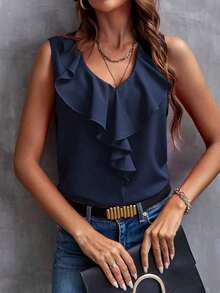 Blusa sin mangas con ribete de volantes, blusas sin mangas de verano elegantes para damas - Azul marino - Ver 6