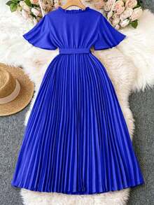 Vestido largo de mujer con estilo informal, lazo, pliegues y manga corta - azul real - Ver 2