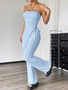 Conjunto de dos piezas con top asimétrico bandeau fruncido de unicolor y pantalones acampanados para mujer - Azul - Ver 6