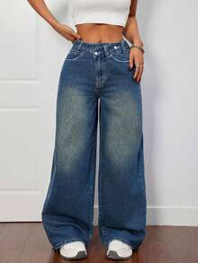 ALO FASHION Women's Wide-Leg Washed Denim Jeans, Casual And Elegant Style, Loose And Stretchy Fit, Ideal For Autumn. - 寶藍色 - 查看 2