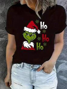 Women's Casual Christmas Print T-Shirt, Fun Modern Design, Soft Fabric, Solid Color, Loose Fit, Round Neck, Short Sleeve, Winter Festive Daily Wear, 100% Cotton, Style Y2K Bababask - 黑色 - 查看 1
