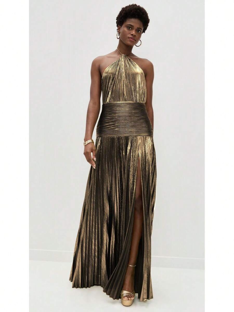 Metallic Pleated Halter Maxi Dress, Ruched Waist With Front Slit, Elegant Evening Gown For Prom & Weddings - Antique Gold - View 1