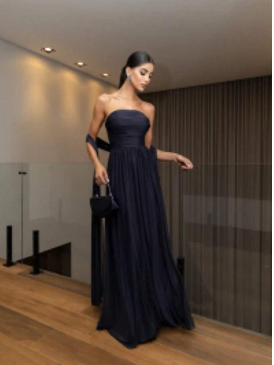 Long Dress With Cape For Wedding, Evening, Or Graduation. - Navy Blue - View 1