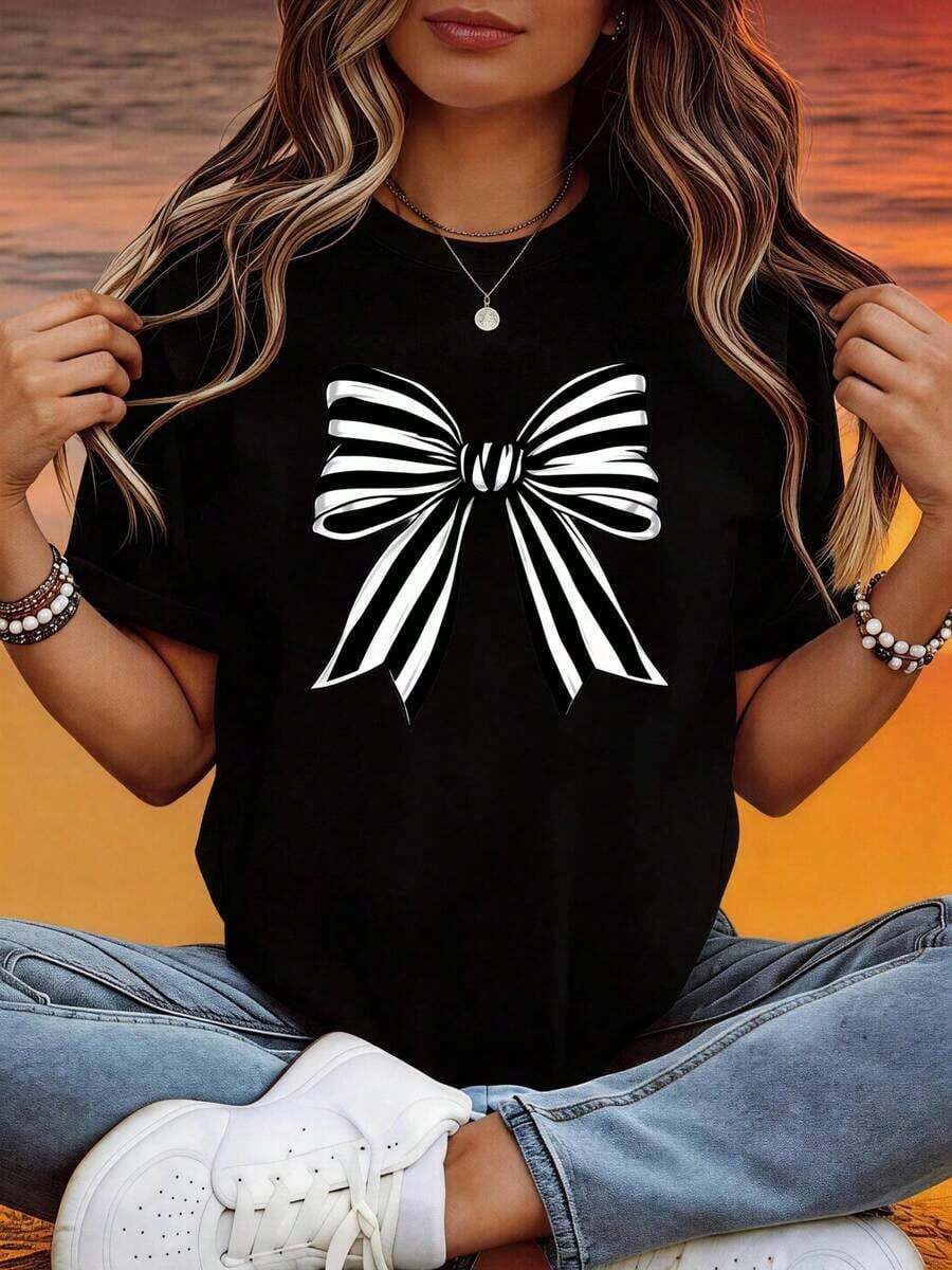 Camiseta de Verano para Mujer, Top de Verano para Mujer, Camiseta Casual de Manga Corta, Estampado de Lazo a Rayas Blancas y Negras, Top Ligero y Transpirable para Verano y Aire Libre para Mujer | Top Casual y Bonito - Negro - Ver 1
