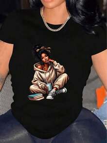 Women's Casual Short-Sleeve T-Shirt With Portrait Graphic Illustration, Summer Wear, Oversized T-Shirt, Casual Streetwear, Round Neck, Cotton, Summer Fashion, Loose-Fitting Everyday Outfit For Women, Suitable For Spring, Summer And Autumn. - 黑色 - 查看 1