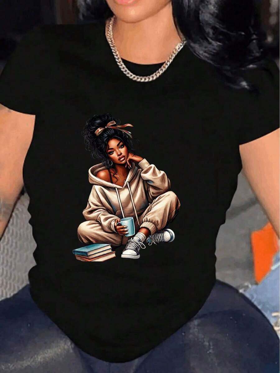 Women's Casual Short-Sleeve T-Shirt With Portrait Graphic Illustration, Summer Wear, Oversized T-Shirt, Casual Streetwear, Round Neck, Cotton, Summer Fashion, Loose-Fitting Everyday Outfit For Women, Suitable For Spring, Summer And Autumn. - 黑色 - 查看 1