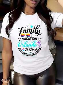 Women's Crew Neck T-Shirt With A "Family Vacation In Orlando 2026: Creating Memories Together" Print Design, Ideal For Summer Vacations And Travel. Suitable For Spring, Summer, And Fall. - 白色 - 查看 5
