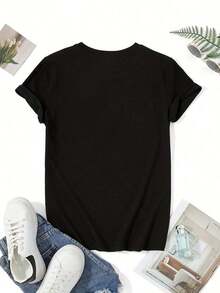 Women's Black Short-Sleeved T-Shirt With A Print Of The Iconic Song "Pour Some Sugar On Me" - Soft And Stretchy Crew Neck Casual T-Shirt, Iconic Pop Culture Top For TS Fans, Perfect For Casual Wear And Themed Events. - 黑色 - 查看 2