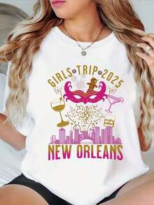 Women's Casual Short Sleeve T-Shirt With Creative New Orleans Travel 2026 Design, Soft Polyester Blend, Breathable Crew Neck, Geometric Pattern, Regular Fit - Ideal For Casual Outfits, Suitable For Spring, Summer And Autumn. - 白色 - 查看 6