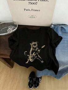 Single Garment, Not A 3-Piece Set. Set Of 1.3 Pieces: Women's Round Neck Short Sleeve Summer T-Shirt, Cute Cartoon Cat Print, Casual Pink Y2k T-Shirt Shirt | Exquisite Design | Loose And Comfortable | Easy To Match | - 黑色 - 查看 3