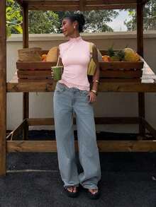 Camiseta de mujer con dobladillo asimétrico de encaje y parches - Rosa - Ver 6