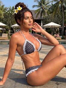Women 2-Piece Bikini Dot Print Backless Halter Neck Bra And Ruffles Panties Sets For Summer Bathing Suit - Black - View 3
