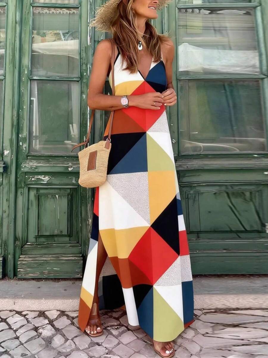 Women's Blue Dress With White Zigzag Print, Deep V-Neck, Thin Straps With Ruffles At The Shoulders, Long Skirt With Side Slit, Light And Flowing Fabric Ideal For Summer, Boho Beach Style Perfect For Vacations, Beach Parties And Trips To The Caribbean - 彩色 - 查看 1