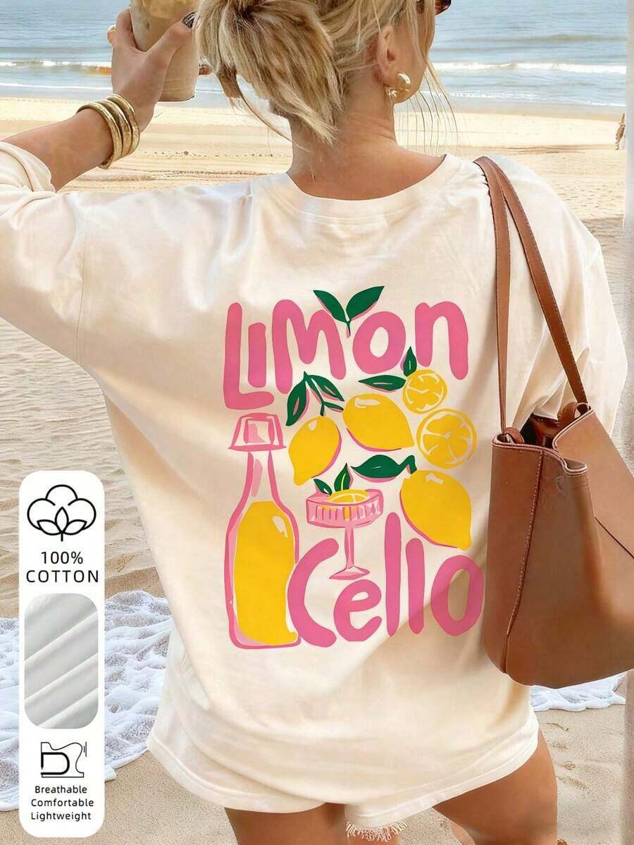 Camiseta Holgada de Verano para Mujer con Estampado de Limones, 100% Algodón Transpirable, Cuello Redondo, Estilo Estético Y2K, Ideal para Días de Playa, Vacaciones, Brunch, Festivales de Música y Ropa Casual de Verano, Ecológica - Albaricoque - Ver 1