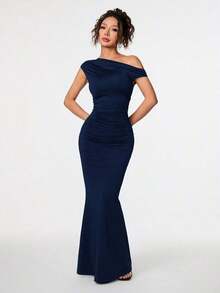 Ropa de verano, atuendos para citas diarias y viajes, atuendos de fiesta, ropa interior elegante para mujeres, atuendos para salir, vestido asimétrico con hombros caídos y cola de pez extra larga, atuendos de club para mujeres, atuendos para - Azul marino - Ver 6