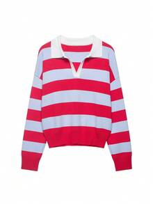 CAREE Women's Vintage Colorblock Striped Polo Neck Knit Top, Comfortable Casual Wear For Daily And Commute, Spring/Summer - Multicolor - View 5