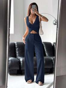 Conjunto de traje de mujer con chaleco y pantalones de un solo abotonado en azul marino para otoño/invierno - Azul marino - Ver 8