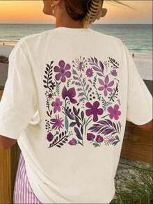 Conjunto de camiseta de manga corta holgada con estampado floral y pantalones cortos a rayas para mujer, adecuado para vacaciones en la playa, traje de mujer, conjunto de verano para mujer, atuendo de vacaciones, ropa de viaje, estilo de playa, ropa de vacaciones minimalista elegante en color rosa - Multicolor - Ver 2