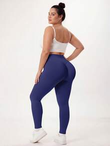 NcmRyu 1pc Women's Solid Color Ruched Waist Slim Fit Plus Size Sports Pants - Navy Blue - View 9