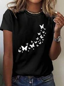 Camiseta Casual de Manga Corta con Estampado de Mariposas Blancas para Mujer - Cuello Redondo, Tejido Transpirable y Lavable a Máquina, Ideal para Primavera y Verano - Negro - Ver 1