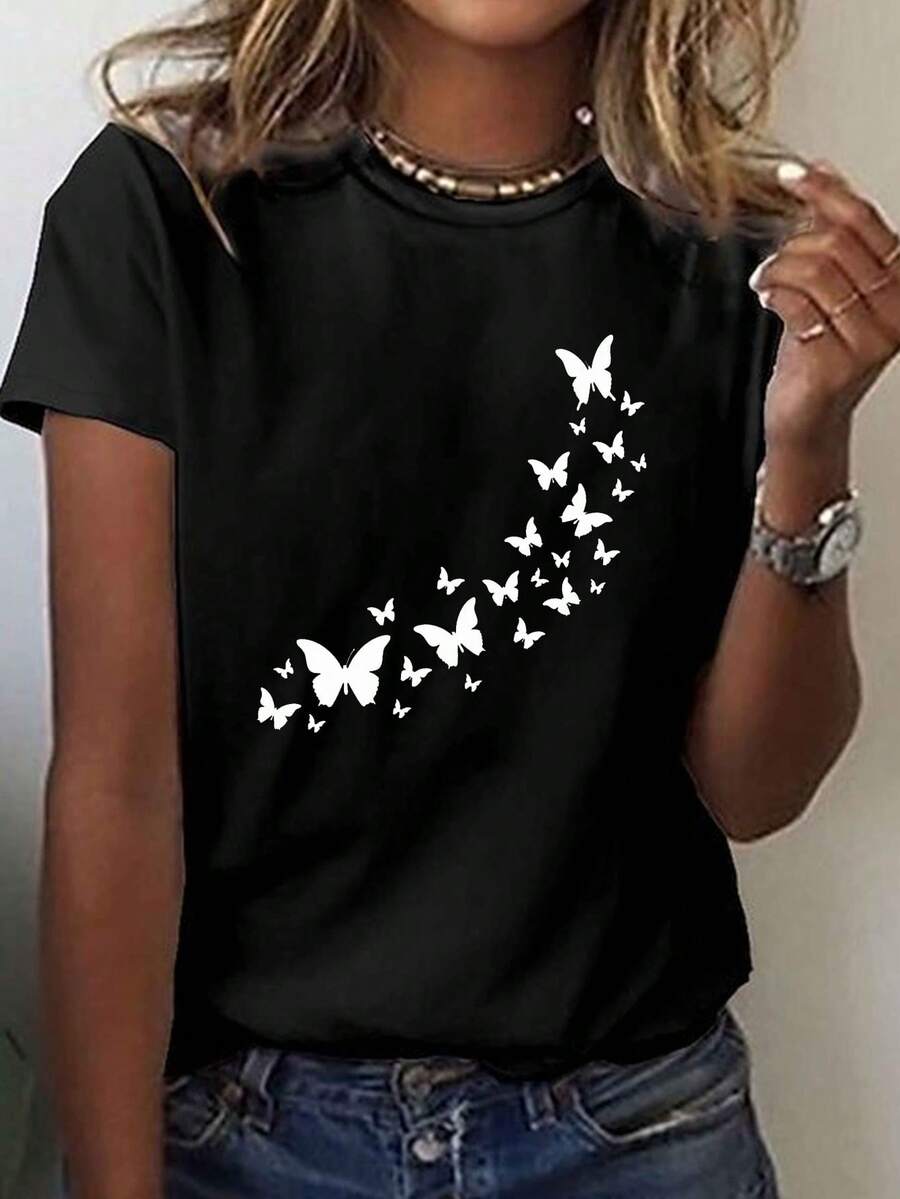 Camiseta Casual de Manga Corta con Estampado de Mariposas Blancas para Mujer - Cuello Redondo, Tejido Transpirable y Lavable a Máquina, Ideal para Primavera y Verano - Negro - Ver 1