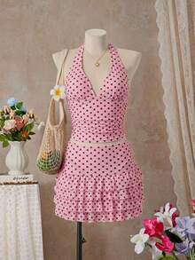 Traje de baño de tankini con cuello de corbata y espalda descubierta con estampado de lunares sexy para mujer, adecuado para la playa y vacaciones - Rosa Pálido - Ver 7