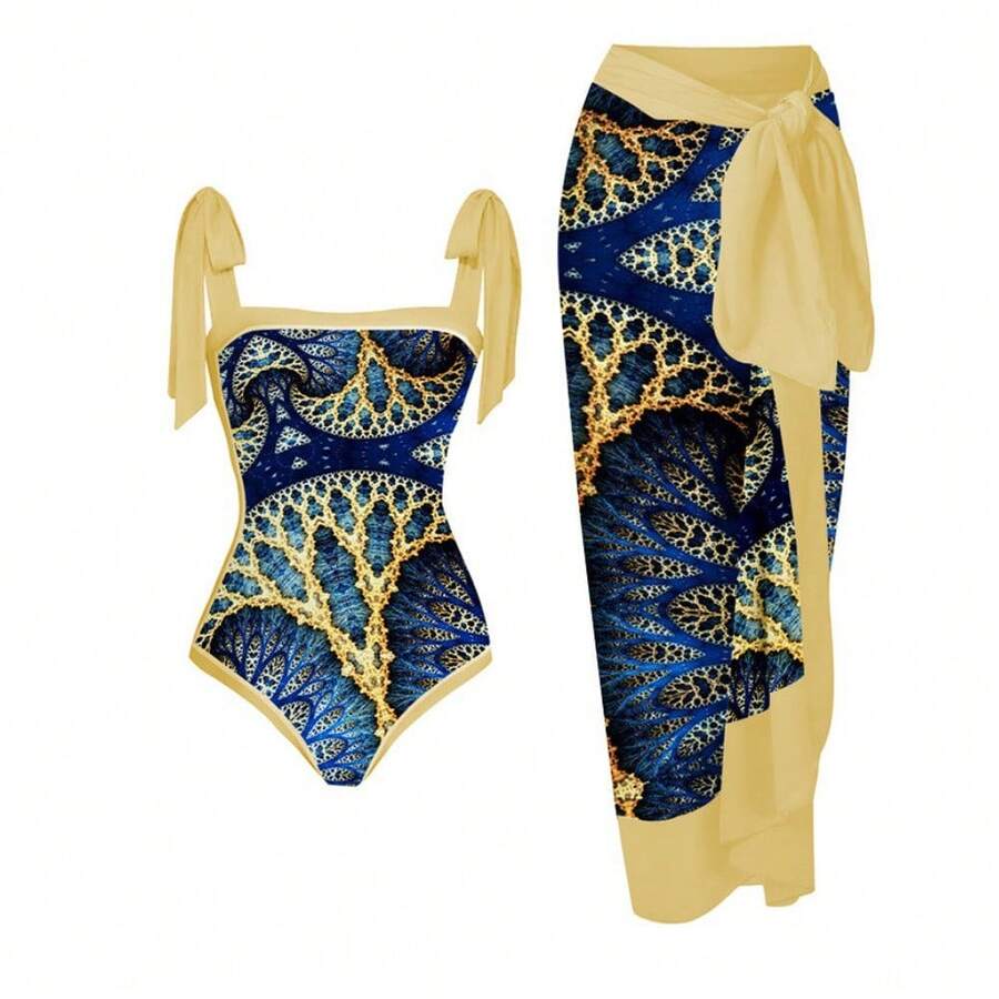 Women's One-Piece Swimsuit, Sexy Bikini With Long Lace-Up Skirt, Three-Piece Set. - 孔雀藍 - 查看 1