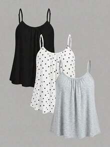 3 piezas Tops de camisola holgados y plisados para mujer, con tirantes ajustables, aptos para primavera y verano - Multicolor 2 - Ver 1