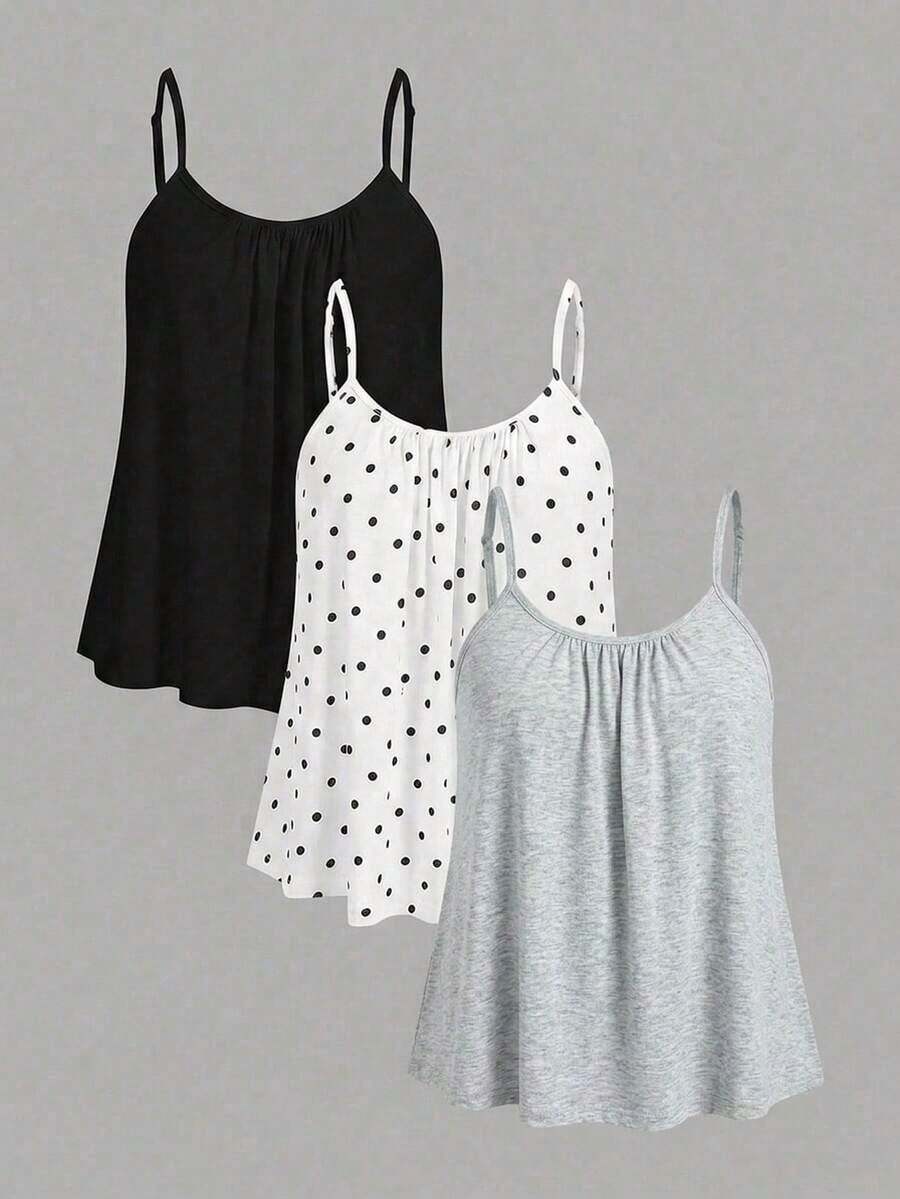 3 piezas Tops de camisola holgados y plisados para mujer, con tirantes ajustables, aptos para primavera y verano - Multicolor 2 - Ver 1