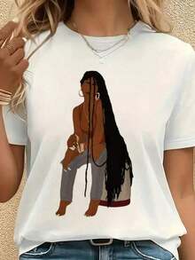 Nueva Llegada 2026, Camiseta de Cuello Redondo para Mujer, 1 Pieza, 100% Algodón, Camiseta con Estampado Digital Personalizado de Imagen de Mujer con Rastas, Camiseta de Moda para Mujer, Blusas para Mujer, Camisa - Blanco - Ver 6